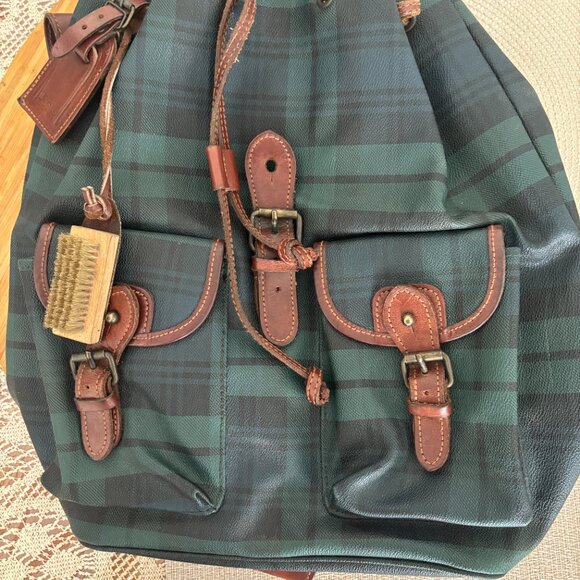 RARE Vintage Polo Ralph Lauren Blackwatch Tartan Plaid Backpack/Bag Leather Trim - Picture 10 of 12